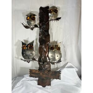 Metal Owl Wall Hanging Welcome To Our Home Vintage 70s 12"x24" Rustic Home Decor